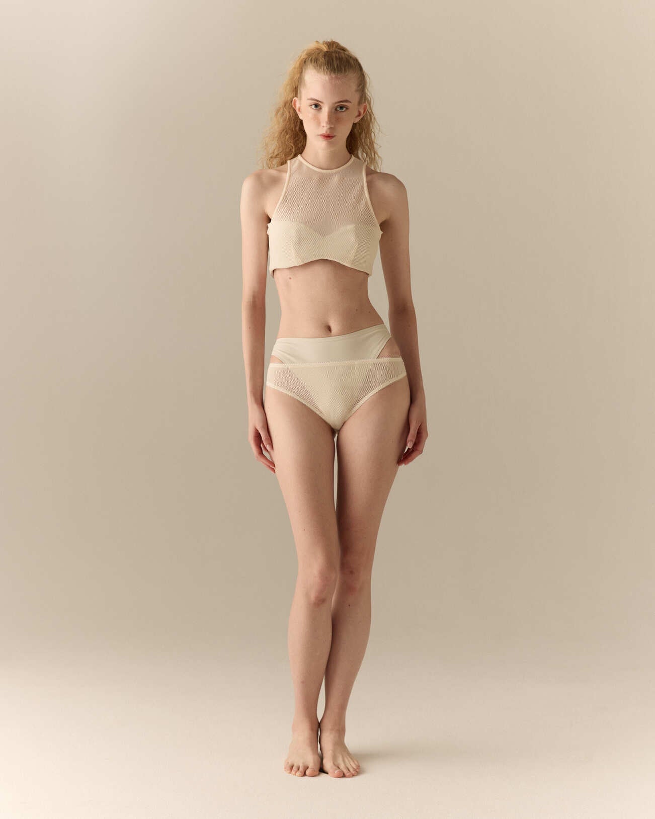 The Solene High-Neck Mesh Bikini Bottom |  Écru
